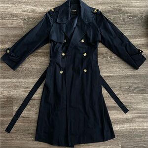 CELINE Double Breasted Belted Trench Coat Navy Blue Gold Detailing